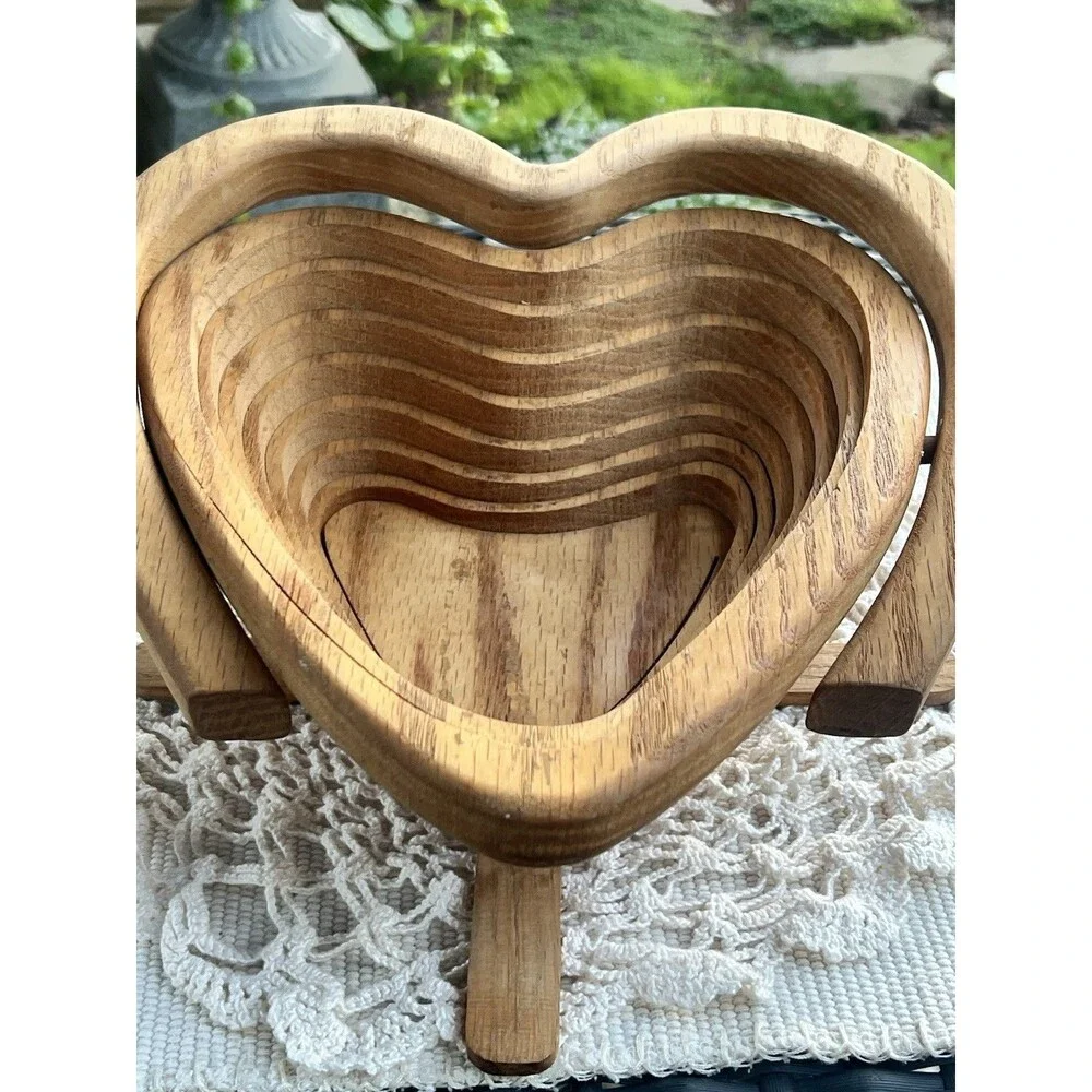 Vintage Handmade Heart Shaped Wooden Collapsible Basket With Handle Or Trivet